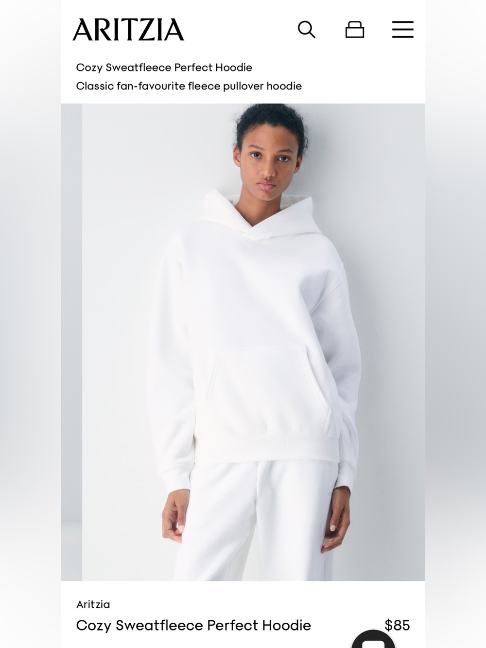 Aritzia Cozy Sweatfleece Perfect Hoodie White, XL